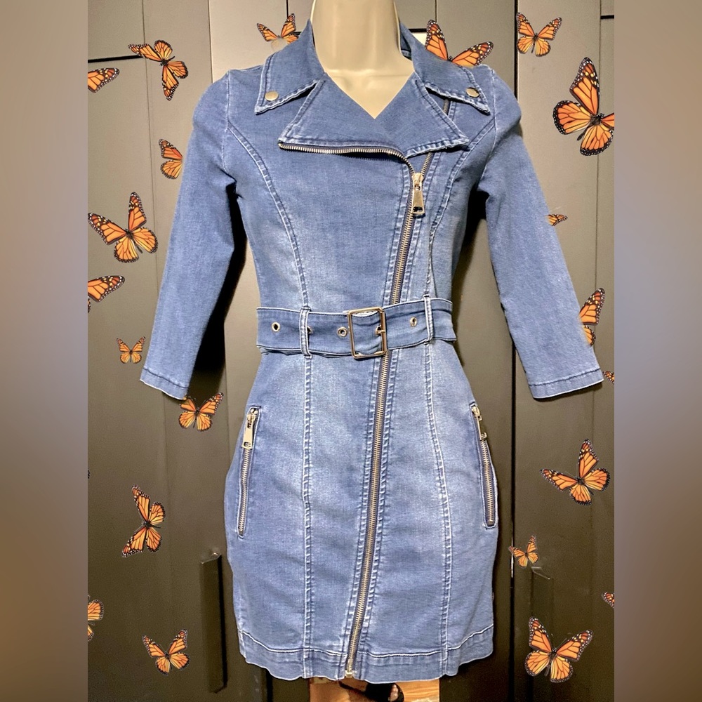 New Women's Zip Detail Acid Belted Denim Dress Size Small - Picture 5 of 11